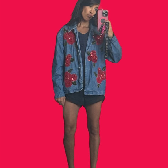 Tantrums Blue Jean Jacket with Red Floral Embroidery - Picture 2 of 13